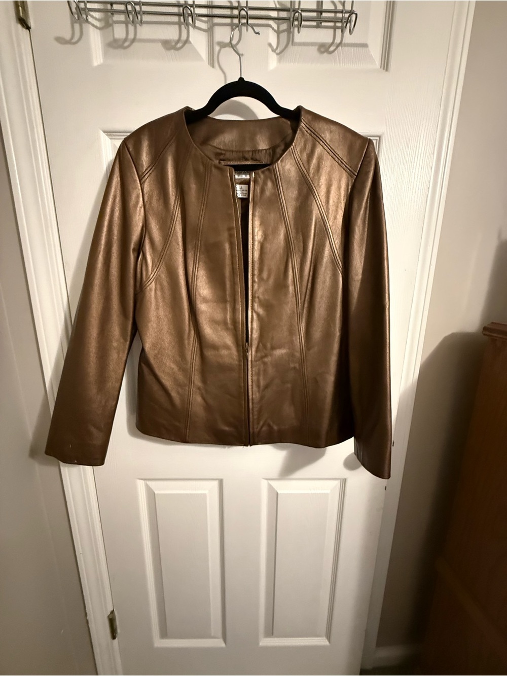 Preston & York Metallic Bronze Lambskin Leather Collarless Jacket